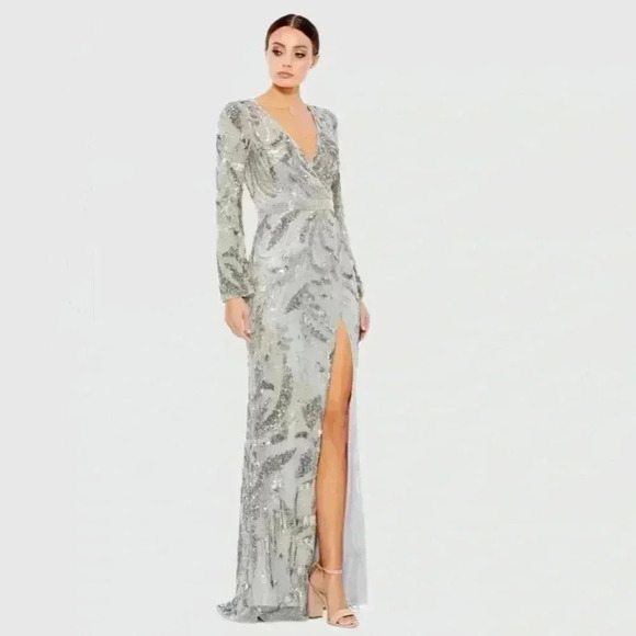 Mac Duggal Dresses & Skirts - Mac Duggal Size 12 Sequined Faux Wrap Split Long Sleeve Gown NWT Style #5222